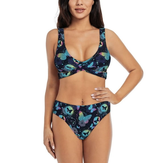 Daiia Blue Butterfly Women's Bikini Set Two Piece Swimsuit High Waisted Bikini Adjustable Straps Bikini Perfect for Beach, Pool, and Summer Vacation-Medium
