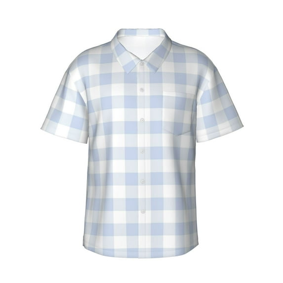 Daiia Blue Checkboard Hawaiian Shirt for Men Gentle Cotton Regular Short Sleeve Casual-Large