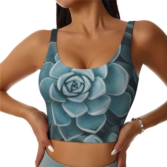 Daiia Blue Color Cactus Printed Women's Sports Bra, Breathable Activewear Bra with U-Back Design and Removable Pads, Comfortable and Supportive for Yoga, Workout-Small