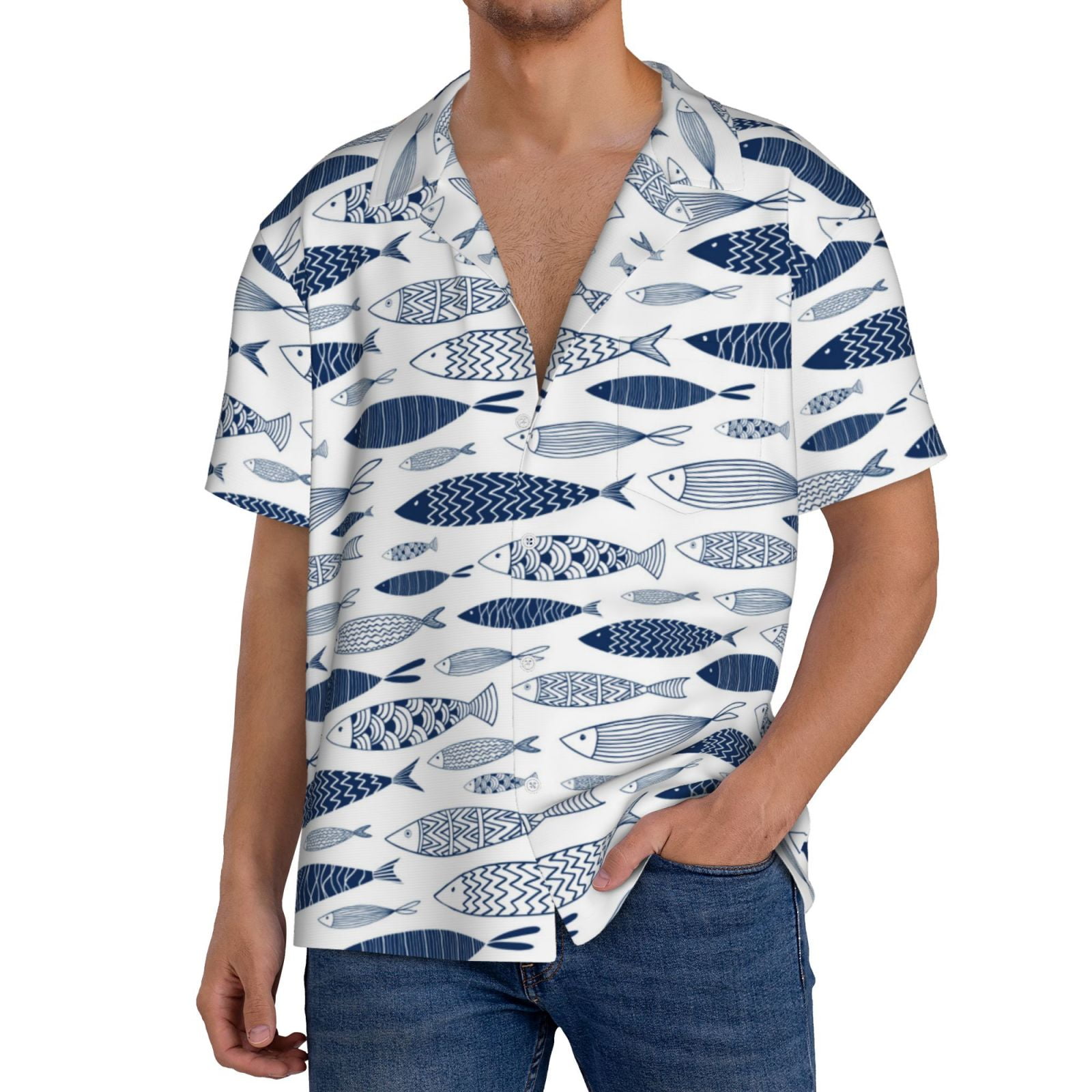 Daiia Blue Fish Men's Linen Shirts Short Sleeve Casual Shirts Button ...