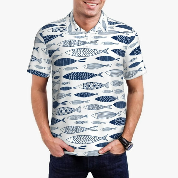 Daiia Blue Fish Pattern Men’s Polo Shirts,Solid Deck Shirt,Classic Fit, Breathable Cotton Polo for Casual and Sport Wear-Medium