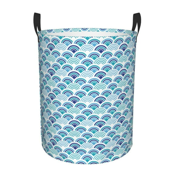 Daiia Blue Fish Scale Texture Round Laundry Basket with Handles Thickened Waterproof Circular hamper,Dirty Clothes Storage Basket for Bedroom,Bathroom,College Dorm-Small