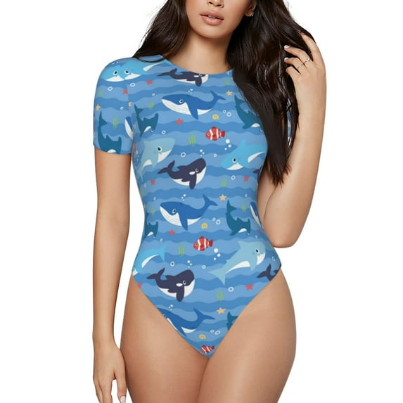 Daiia Blue Fish print Women's Crew Neck Short Sleeve Bodysuit Fashion Tops Fit Casual Basic Extender Bodysuit-Medium