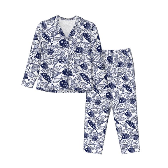 Daiia Blue Fish1 for Women's Long-Sleeved Pajama Set – Soft & Comfortable Sleepwear Button-Up Pajamas Cozy Lounge Wear-Medium