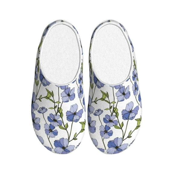 Daiia Blue Flax Flowers Print Women’s Fuzzy Slippers Memory Foam Lightweight House Shoes Cozy Loafer Flannel House Shoes-40/41