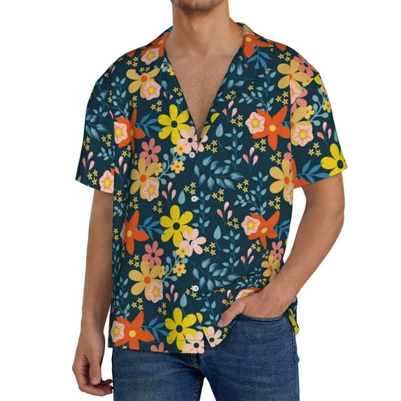Daiia Blue Floral Men's Linen Shirts Short Sleeve Casual Shirts Button Down Shirt for Men Beach Summer Wedding Shirt-3X-Large