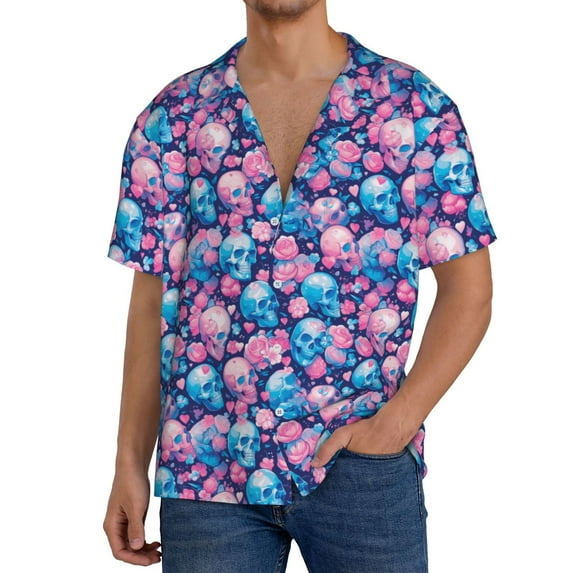 Daiia Blue Flower Skull Men's Linen Shirts Short Sleeve Casual Shirts Button Down Shirt for Men Beach Summer Wedding Shirt-Medium