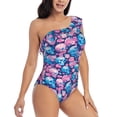 thumbnail image 1 of Daiia Blue Flower Skull Women's One Piece Swimsuits Personalized One Shoulder Swimwear Asymmetric Ruffle Bathing Suits-Small, 1 of 8