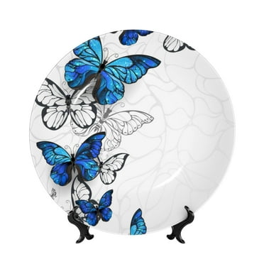 Daiia Blue Flying Butterflies Printed Pattern Ceramic Plate Dinner Plates Bone China Decorative Plates with Display Stand Art Ceramic Ornaments for Wall Hanging Decoration-6in