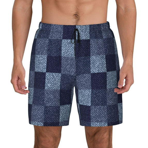 Daiia Blue Gingham Buffalo Check Mens Swim Trunks Swim Shorts Quick Dry Swim Shorts with Mesh Lining Pockets-XX-Large