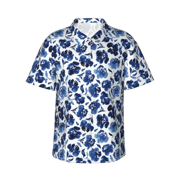Daiia Blue Ink Flowers Hawaiian Shirt for Men Gentle Cotton Regular Short Sleeve Casual-Small