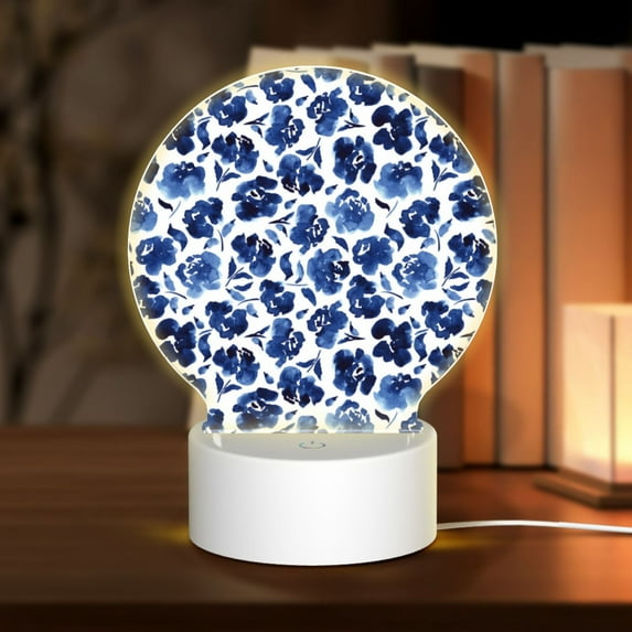Daiia Blue Ink Flowers Pattern Acrylic Night Light, LED Touch Light, Bedroom Night Light, Soft Glowing Lamp Perfect Gift for Mother's Day, Birthday, or Christmas