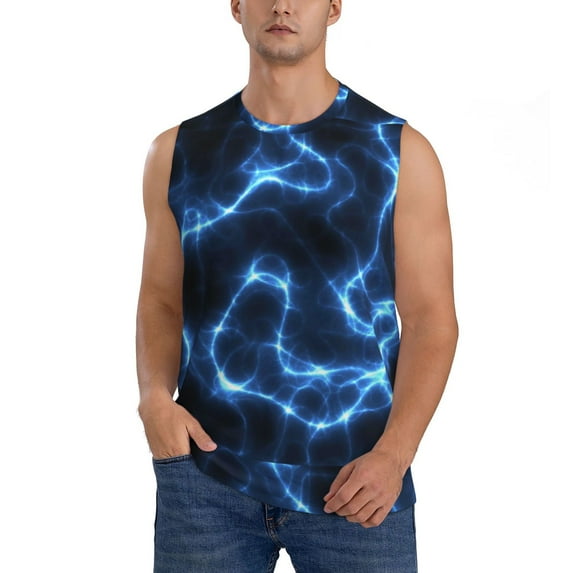 Daiia Blue Lightning Printed Men's Tank Tops,Casual Soft Sleeveless Gym Muscle Shirts Bodybuilding Tee-Small