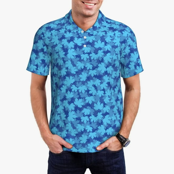 Daiia Blue Maple Leaf Pattern Men’s Polo Shirts,Solid Deck Shirt,Classic Fit, Breathable Cotton Polo for Casual and Sport Wear-Medium
