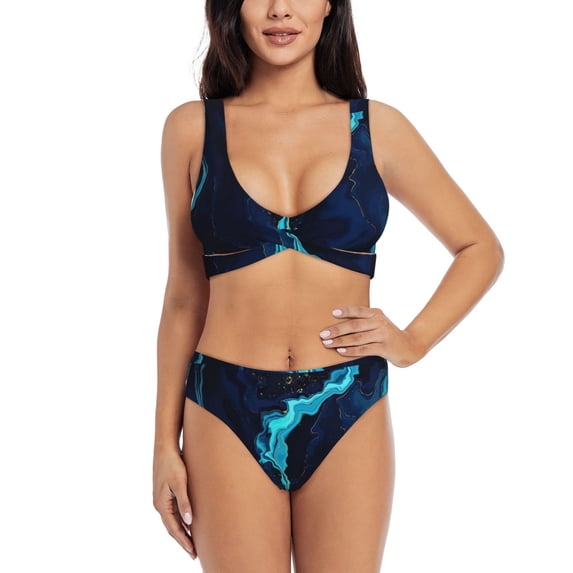 Daiia Blue Marble And Gold Women's Bikini Set Two Piece Swimsuit High Waisted Bikini Adjustable Straps Bikini Perfect for Beach, Pool, and Summer Vacation-Large