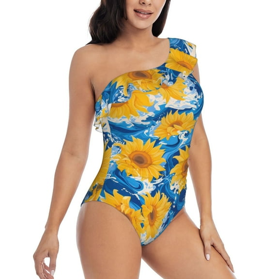 Daiia Blue Ocean Wave Sunflower Women's One Piece Swimsuits Personalized One Shoulder Swimwear Asymmetric Ruffle Bathing Suits-X-Large
