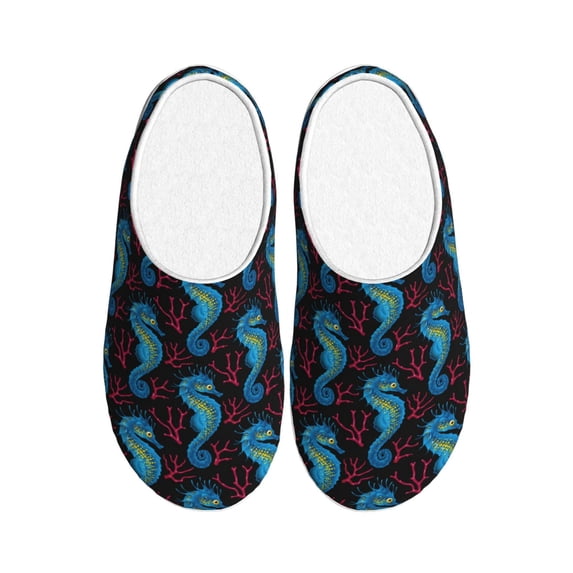 Daiia Blue Seahorse Print Women’s Fuzzy Slippers Memory Foam Lightweight House Shoes Cozy Loafer Flannel House Shoes-44/45