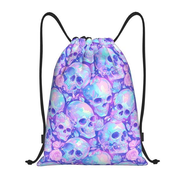 Daiia Blue Skull Daisy Pattern Drawstring Backpack, Gym Bag