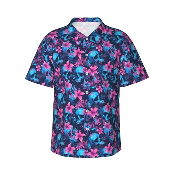 Daiia Blue Skull Flower Hawaiian Shirt for Men Gentle Cotton Regular Short Sleeve Casual-Small