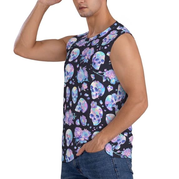 Daiia Blue Skull Flower Printed Men's Tank Tops,Casual Soft Sleeveless Gym Muscle Shirts Bodybuilding Tee-Medium