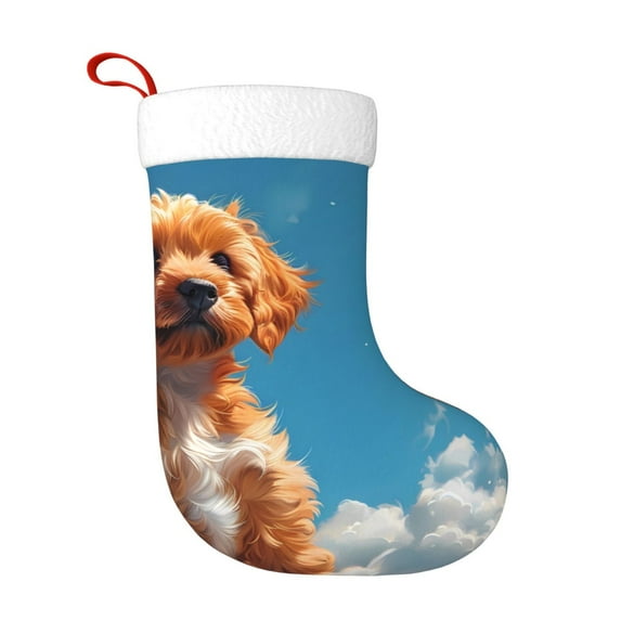 Daiia Blue Sky Cloud Puppy Print Christmas Stocking,18"Large Knitted Xmas Stocking for Kids, Family Stocking for Fireplace Christmas Holiday Party Decoration
