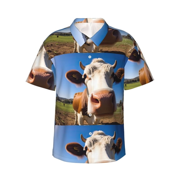 Daiia Blue Sky Meadow Cute Cow Hawaiian Shirt for Men Gentle Cotton Regular Short Sleeve Casual-3X-Large