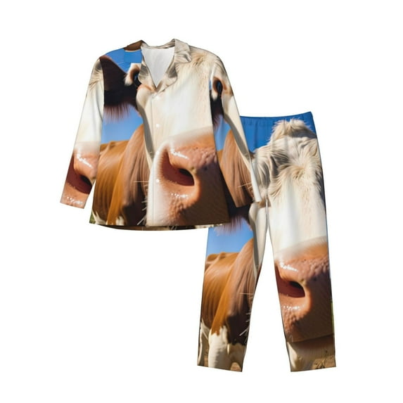 Daiia Blue Sky Meadow Cute Cow for Men's Long-Sleeved Pajama Set – Soft & Comfortable Sleepwear Button-Up Pajamas Cozy Lounge Wear-