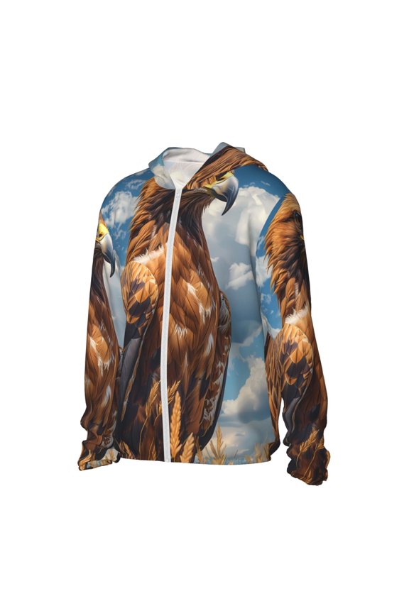Blue Sky White Cloud Eagle UPF 50+ Sun Protection Hoodie Jacket Lightweight Long Sleeve Sun Shirt for Women Men with Pocket Hiking Outdoor-Large
