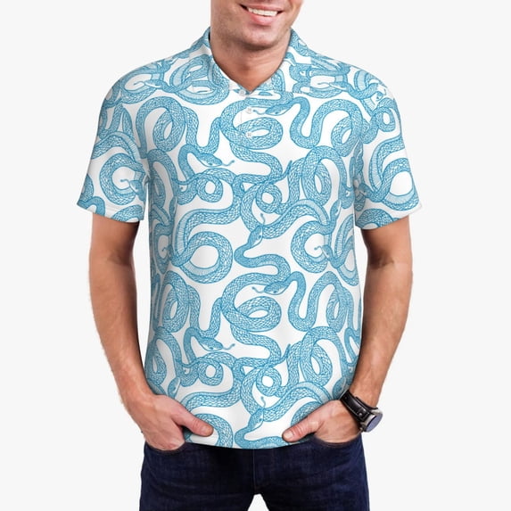 Daiia Blue Snake Pattern Men’s Polo Shirts,Solid Deck Shirt,Classic Fit, Breathable Cotton Polo for Casual and Sport Wear-Large