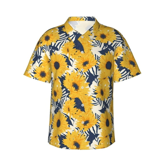 Daiia Blue Striped Sunflower Hawaiian Shirt for Men Gentle Cotton Regular Short Sleeve Casual-XX-Large