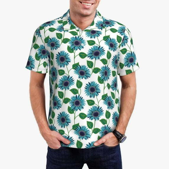 Daiia Blue Sunflowers Pattern Men’s Polo Shirts,Solid Deck Shirt,Classic Fit, Breathable Cotton Polo for Casual and Sport Wear-XX-Large