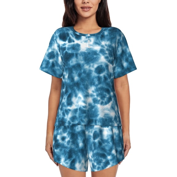 Daiia Blue Tie Dye Pattern Womens Pajama Sets Short Sleeve Pajamas for Women Sets Soft Lounge Sets Casual Round Neck Sleepwear PJS-4X-Large
