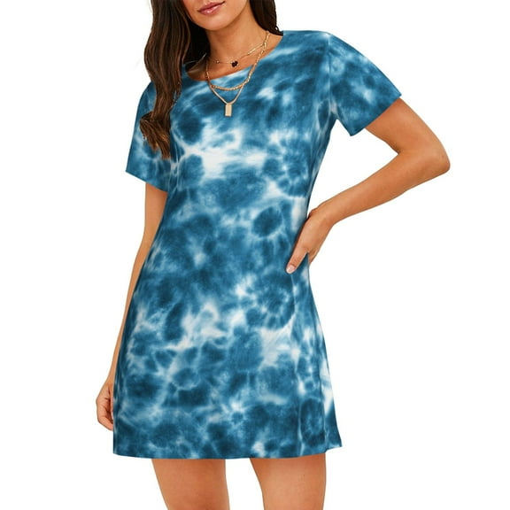 Daiia Blue Tie Dye Print Women's Nightshirt Soft Nightgowns for Women Short Sleeve dress Short-sleeved Sleepwear