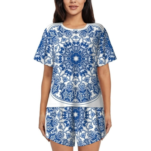 Daiia Blue Watercolor Pattern Womens Pajama Sets Short Sleeve Pajamas for Women Sets Soft Lounge Sets Casual Round Neck Sleepwear PJS-X-Large