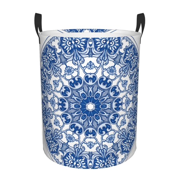 Daiia Blue Watercolor Round Laundry Basket with Handles Thickened Waterproof Circular hamper,Dirty Clothes Storage Basket for Bedroom,Bathroom,College Dorm-