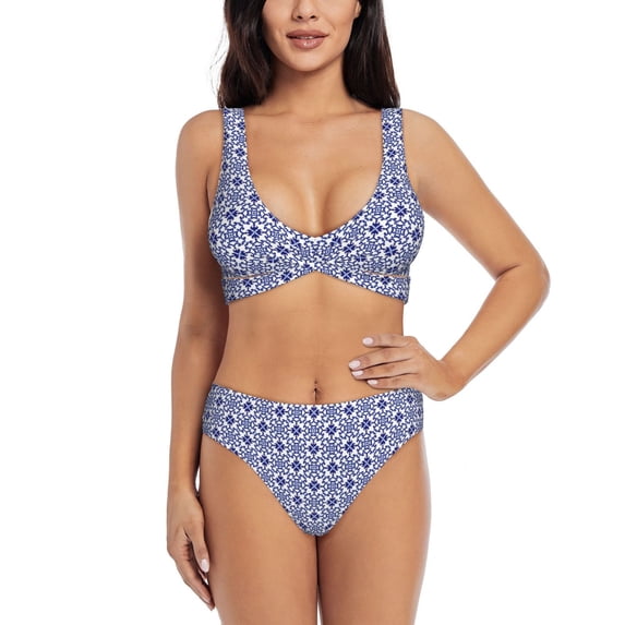 Daiia Blue And White Porcelain Chinaware Women's Bikini Set Two Piece Swimsuit High Waisted Bikini Adjustable Straps Bikini Perfect for Beach, Pool, and Summer Vacation-Small