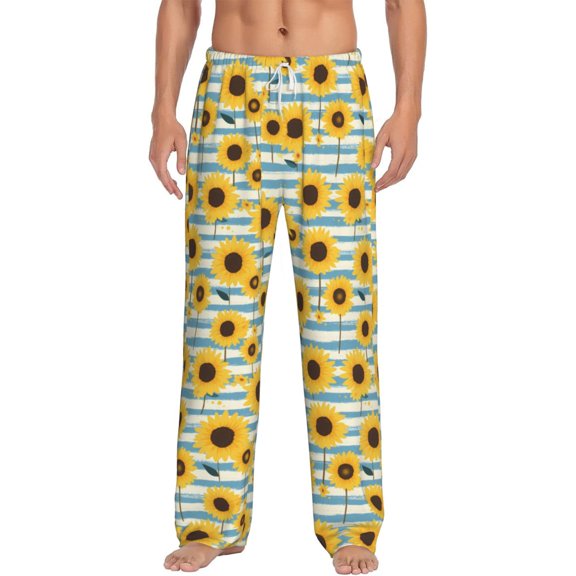 Daiia Blue White Striped Sunflower A Men's Sleep Pant with Pockets and Drawstring,Pajama Pants-Medium