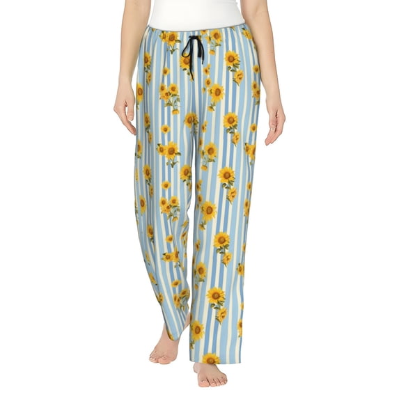 Daiia Blue White Striped Sunflower Women's Sleep Pant with Pockets and Drawstring,Pajama Pants-Large