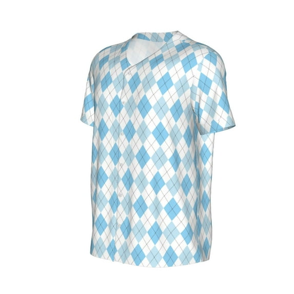 Daiia Blue and White Squares Mens Baseball Jersey Button Down Shirts Short Sleeve Sports Uniforms-Large