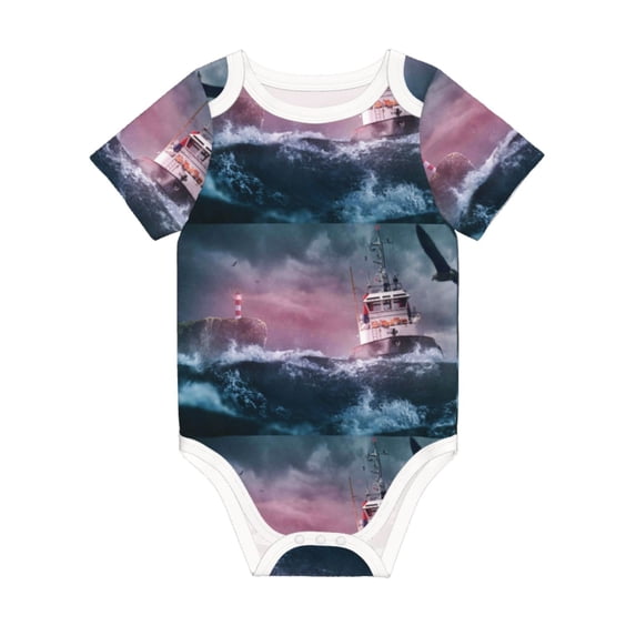 Daiia Boat Lighthouse Storm Waves Printed Unisex-Baby Short Sleeve Onesies Bodysuits Baby Climbing Clothes Soft and Comfortable Romper with Expandable Shoulder Design-18 Months
