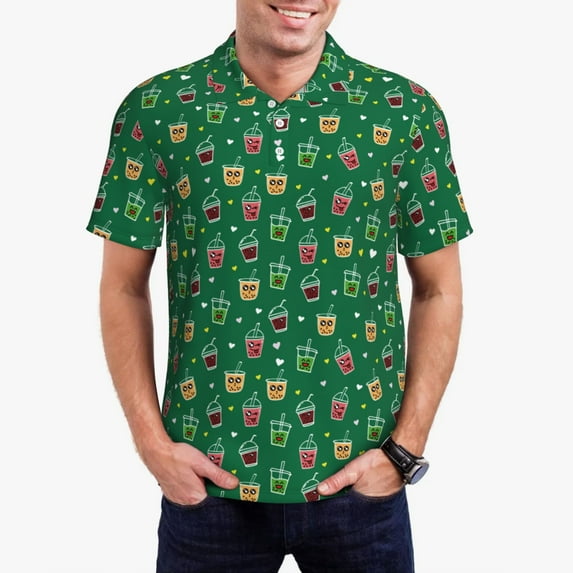 Daiia Boba Milk Tea Pattern Men’s Polo Shirts,Solid Deck Shirt,Classic Fit, Breathable Cotton Polo for Casual and Sport Wear-X-Large