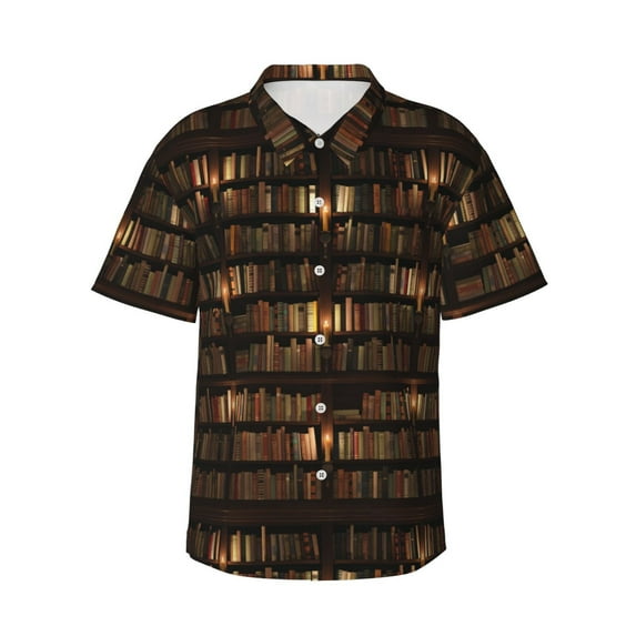 Daiia Bookshelves Hawaiian Shirt for Men Gentle Cotton Regular Short Sleeve Casual-Large