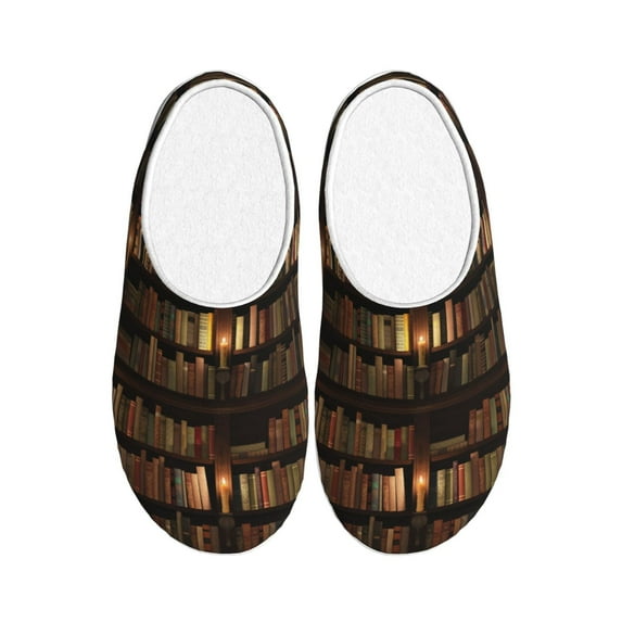 Daiia Bookshelves Print Women’s Fuzzy Slippers Memory Foam Lightweight House Shoes Cozy Loafer Flannel House Shoes-37/38