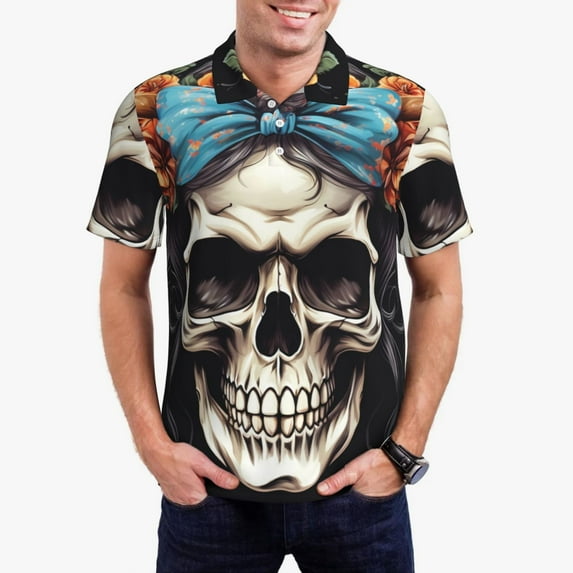 Daiia Bow Flower Skull Pattern Men’s Polo Shirts,Solid Deck Shirt,Classic Fit, Breathable Cotton Polo for Casual and Sport Wear-X-Large