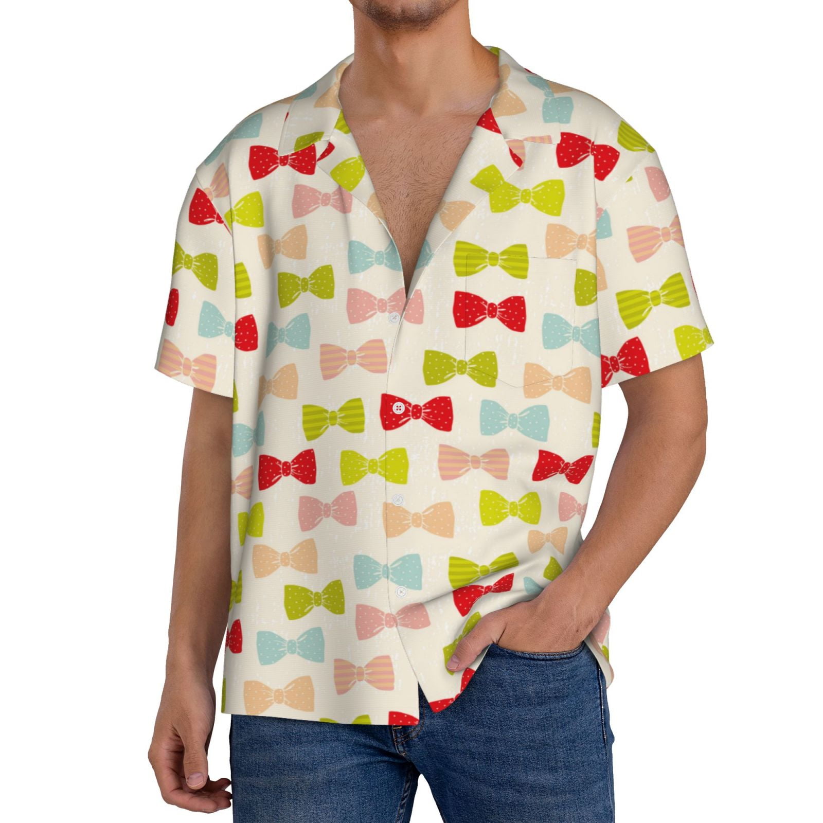 Daiia Bow Ties Pattern Men's Linen Shirts Short Sleeve Casual