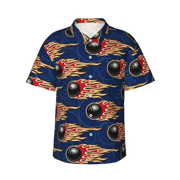 Daiia Bowling Ball And Flame Hawaiian Shirt for Men Gentle Cotton Regular Short Sleeve Casual-Small