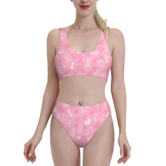 Daiia Breast Cancer Awareness printed 2 piece Swimsuit Bikinis for Women High Waisted Racerback Bathing Suits Summer Tummy Control Scoop Neck Swimwear-X-Large