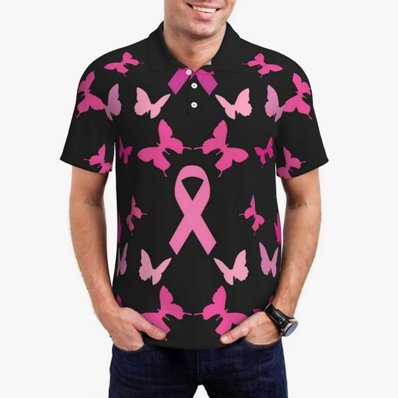 Daiia Breast Cancer Pattern Men’s Polo Shirts,Solid Deck Shirt,Classic Fit, Breathable Cotton Polo for Casual and Sport Wear-Large