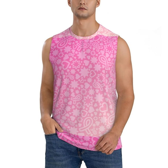 Daiia Breast Cancer Pink Ribbons Awareness Printed Men's Tank Tops,Casual Soft Sleeveless Gym Muscle Shirts Bodybuilding Tee-X-Large
