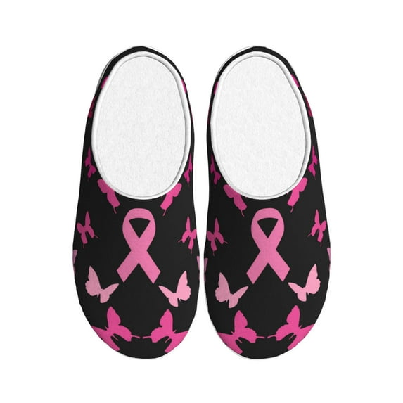 Daiia Breast Cancer Print Women’s Fuzzy Slippers Memory Foam Lightweight House Shoes Cozy Loafer Flannel House Shoes-44/45